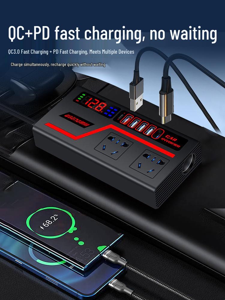 High-Power 12V/24V to 220V Car Inverter with Multi-Function Fast-Charging Lighter Socket