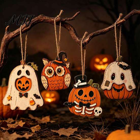 Halloween Tree Hanging Props Vintage Wooden Ornaments, Rustic Pumpkin Owl Ghost Farmhouse Kids Room Decor Decoration with Rope for Window Wall Natural