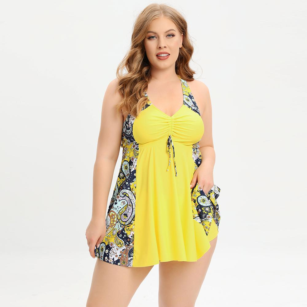 Cheap Plus Size Swimwear Pattern Print Tankini Set Two Piece Swimsuit