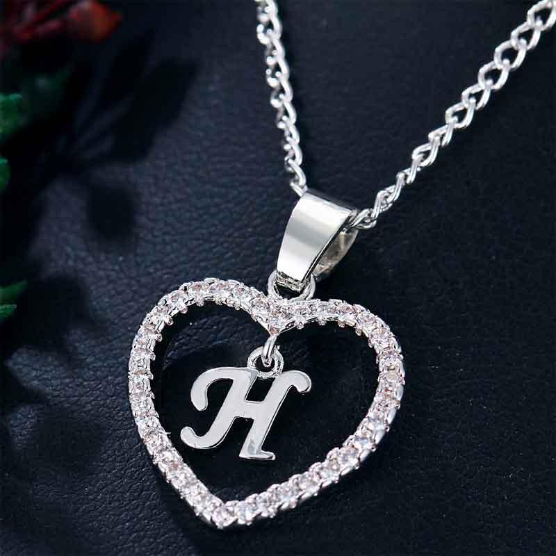 Heart Letters 26 Love Crystal Women Silver Plated Chain Jewelry Necklace