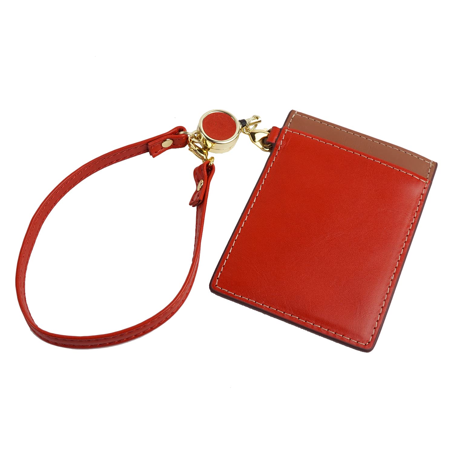 

E-mono Pass Case with Reel, Strap, IC Card Holder, Key Holder, Genuine Leather, Stretchy, Anti-Theft (Orange)