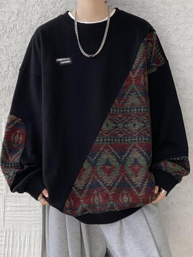 Men's Plus Size Autumn Patchwork Hoodie: Ethnic Style, Round Neck, Long Sleeve, Loose Fit, Casual Versatile Pullover.