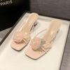 Slippers Women's Sandals Woman Summer 2024 Sweet Flowers Fashion Designer Slides Elegant Party Dress Medium Heel Footwear New In