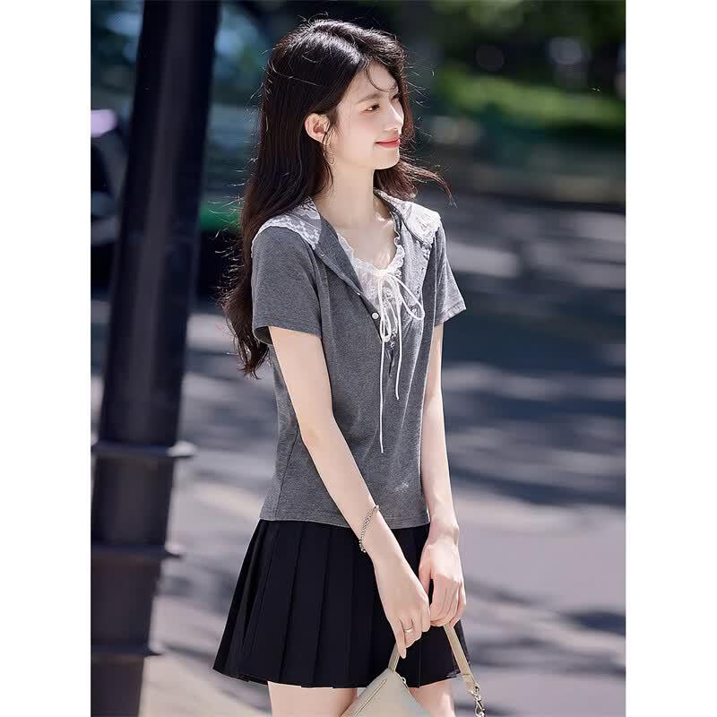 Xinfeiyu Slim-Fit Faux Two-Piece Lace Knit T-Shirt M
