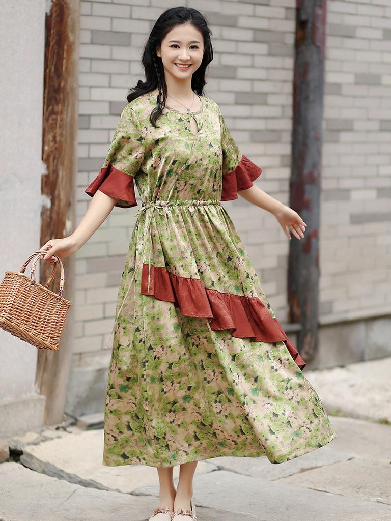 Johnature Woman Summer Fashion Print Devise Half Sleeve Dress Splicing Contrast O-Neck Dress