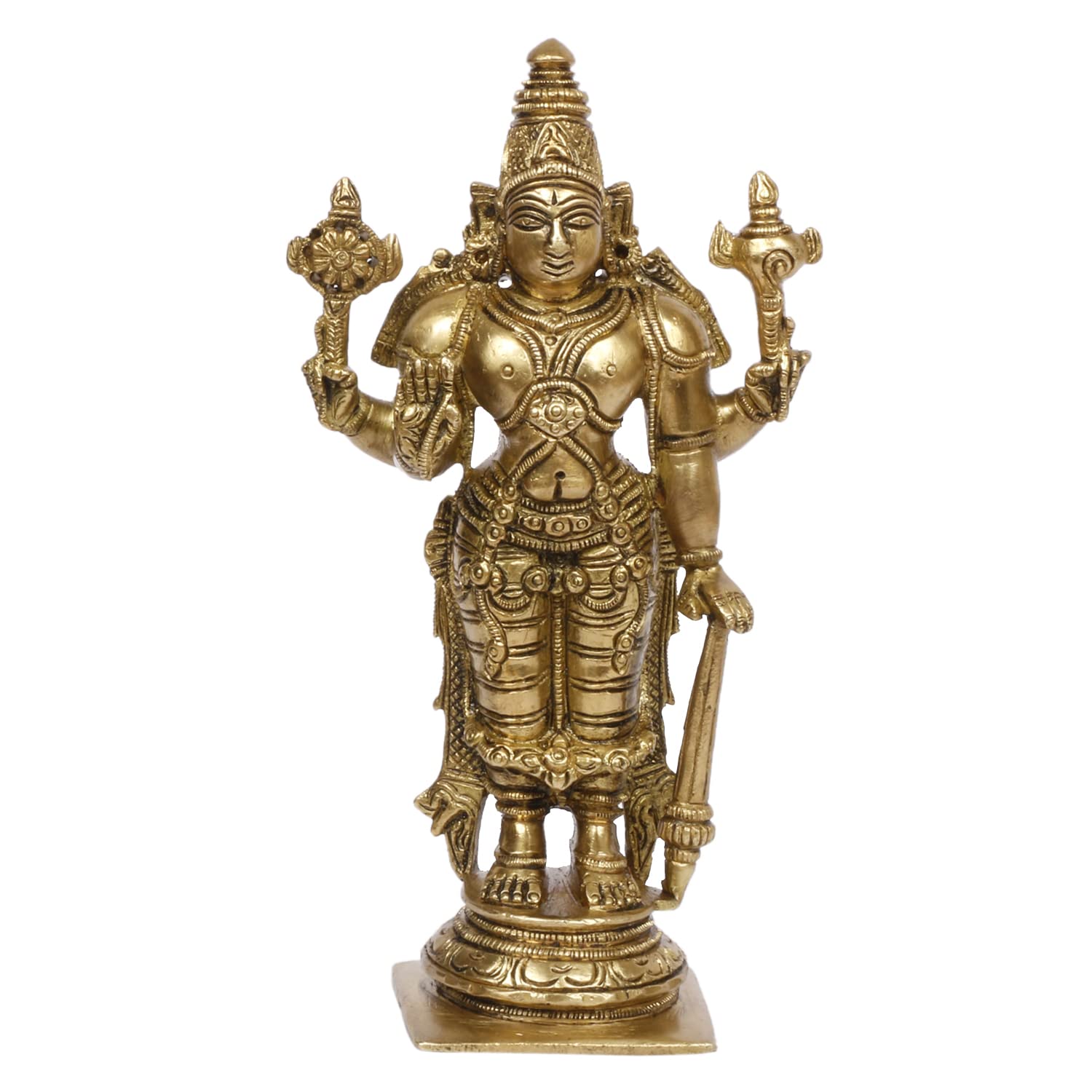 

Lord Bhagwan Vishnu Narayana With Shankh Chakra Idol, Brass, Gold - 7 Inch