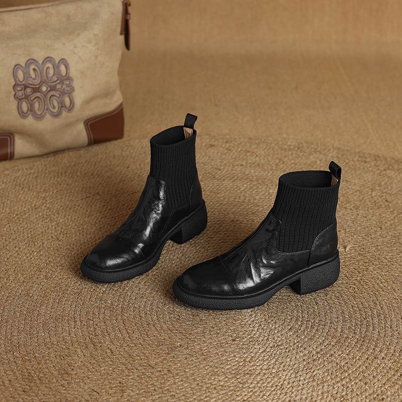 Krazing Pot Sheepskin Pleated Decoration Autumn Winter Shoes Chunky Heels Size 43 Size 42 Round Toe Slip on Retro Knit Wear Ankle Boots