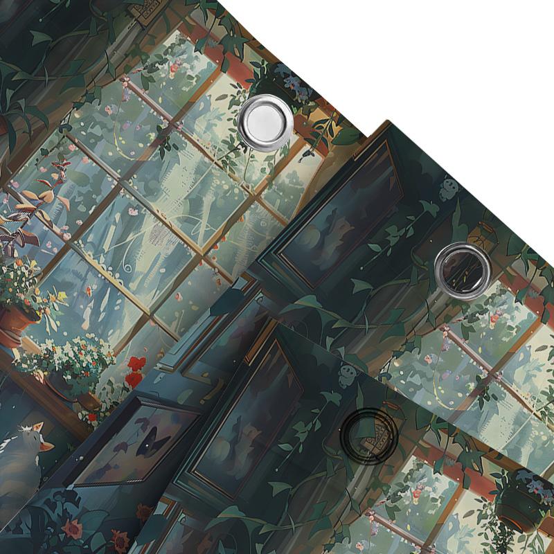 Enchanting Window View Cat and Plants Shower Curtain - Artistic Illustration Home Decor Easy to Clean and Maintain  Easy-Clean