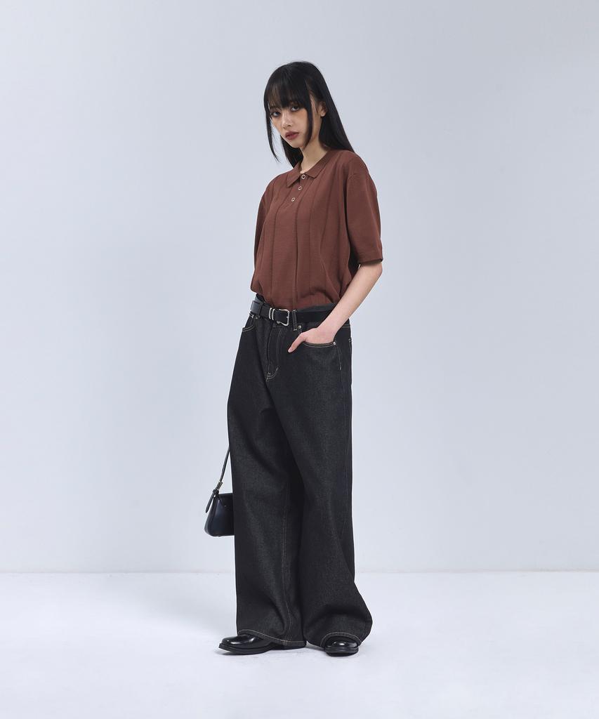 IRONYPORNO WHITELINE 86-Iro354 Multi-Stripe Snap Collar Short Sleeve Knit Brown