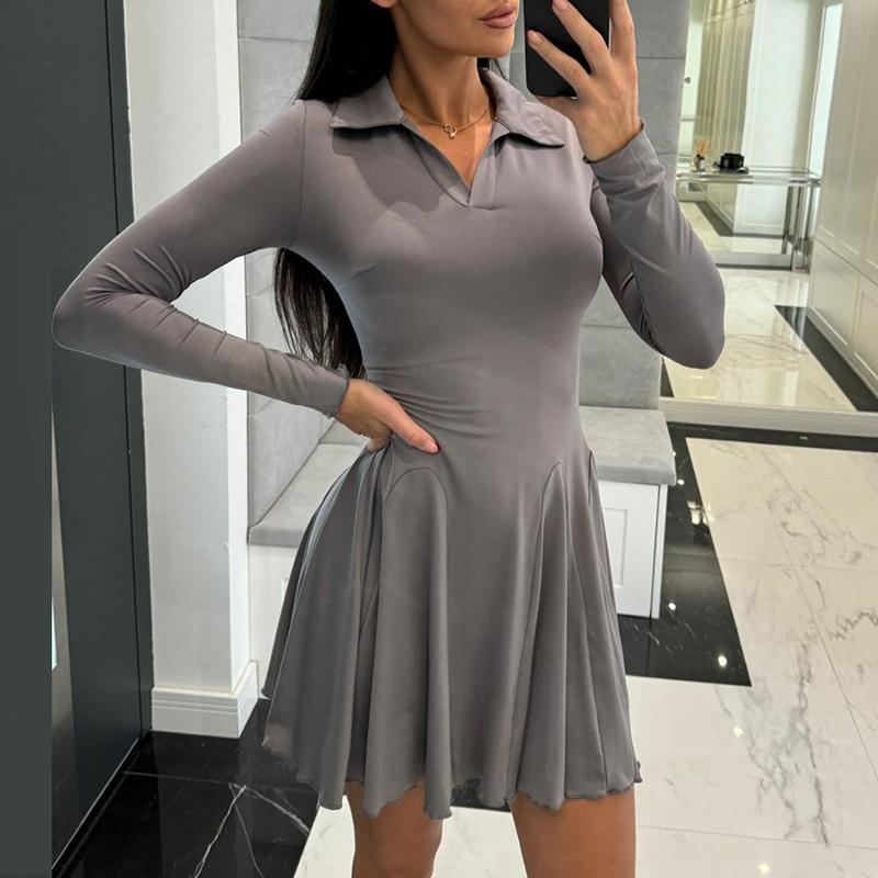 שמלת חולצה מיני אלגנטית לנשים בצבע אחיד עם צווארון נפתח, שרוולים ארוכים וקפלים, מתאימה להכל, לסתיו ולחורף