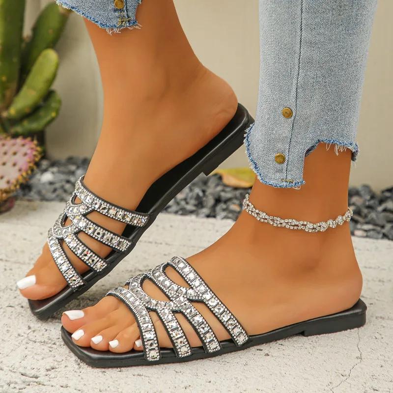 Fashion 2025 Ladies Shoes Basic Open Toe Women's Slippers Fashion Crystal Summer Plus Size Daily Square Toe Best Seller Flat Slippers