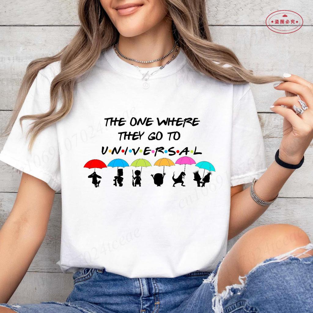 The One Where They Go To Universal T-Shirt for Women Clothing Friends Family Matching Party Tees Funny Umbrella Graphic Tops