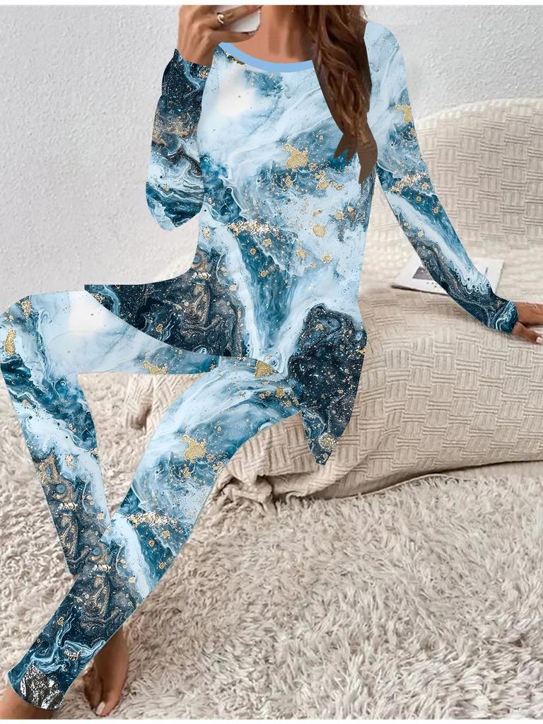 Euro-American Fashion 3D Marbling Printed Women's  Four-season Long-sleeved T-shirt + Long Pants Two-piece Set. Perfect Gift for New Year