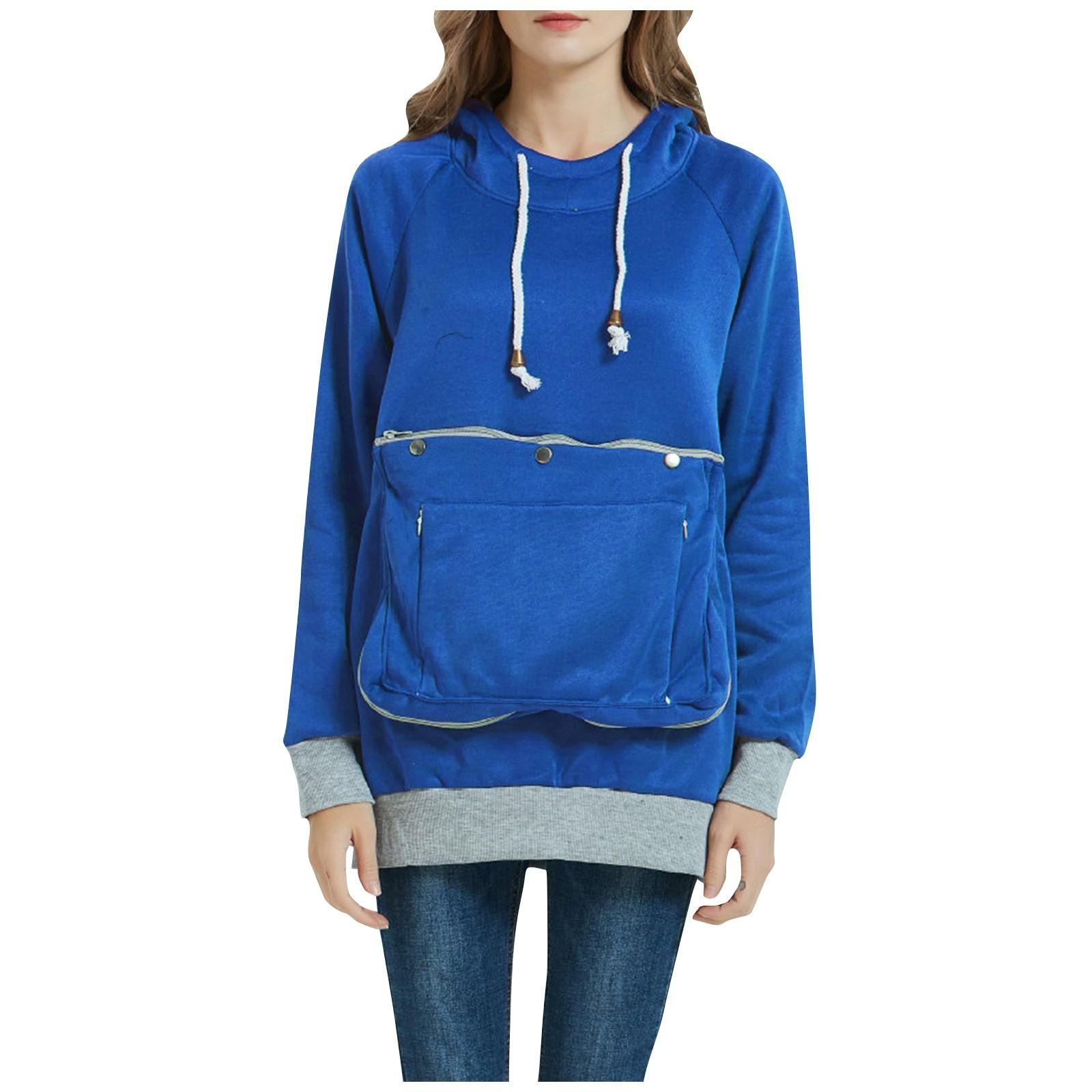 

Женская модная однотонная толстовка с круглым вырезом и большим карманом с капюшоном XL синий