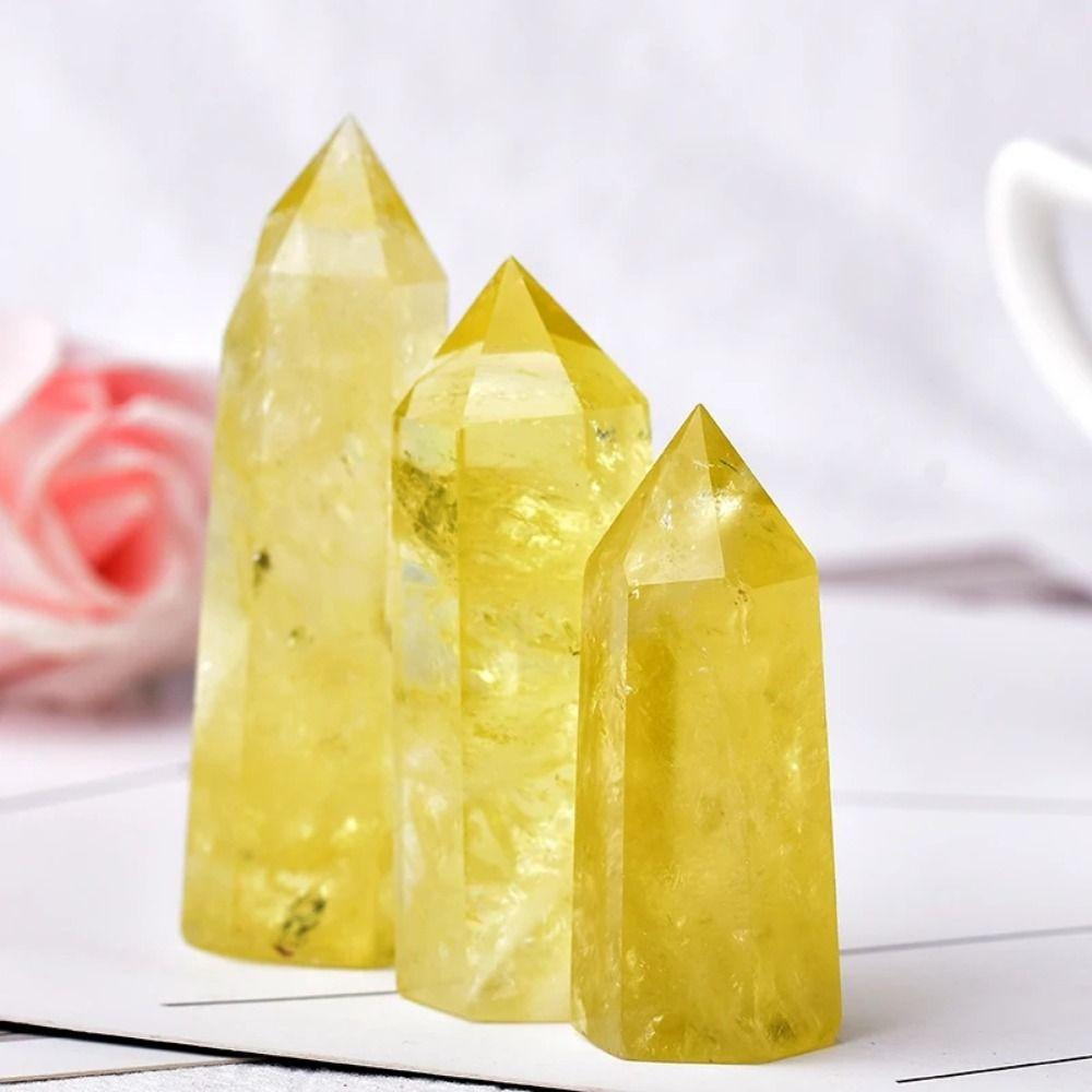 Unique Natural Crystal Exquisite Yellow Gem Home Decor Hexagonal Wand Column  Point Citrine Obelisk