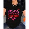 European Size Black Plus Size Women's T-Shirt - "Galentines GANG" Bold Red&Pink Heart Design, Curly Hair Model,Casual Style,Heart Graphics with Arrows