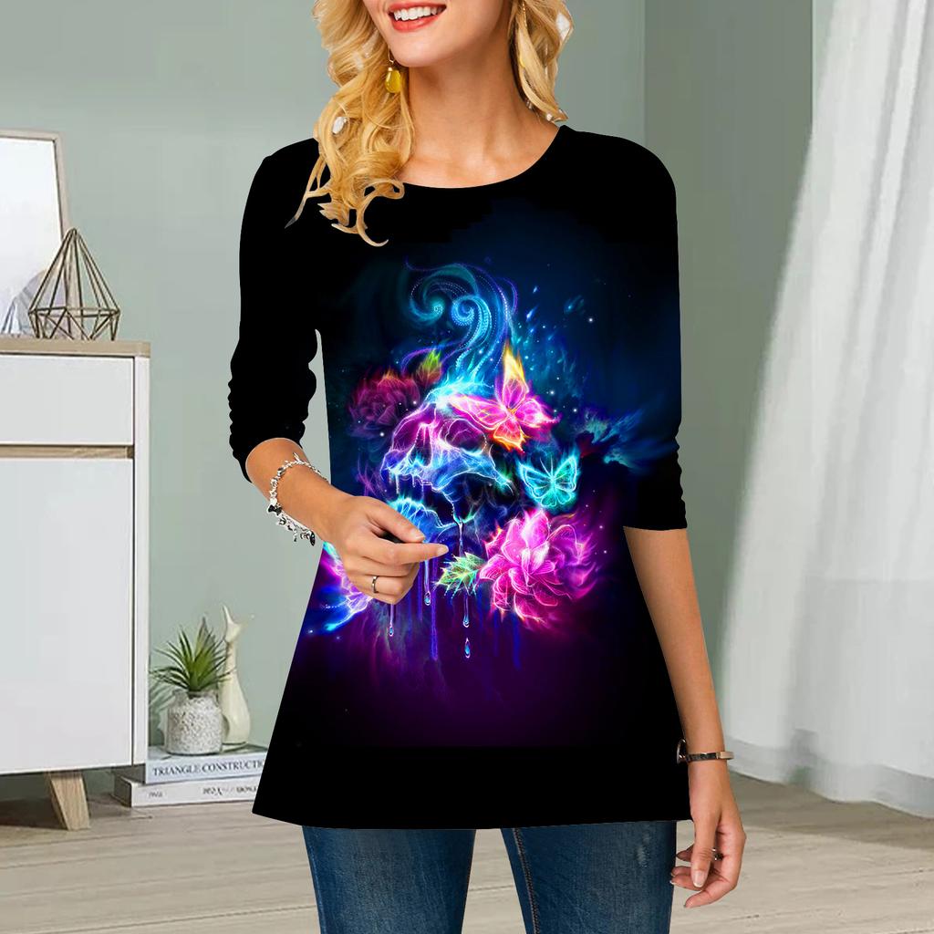 Plus Size Women Flower Human Skeleton Print Round Neck Casual Loose Long Sleeve Top
