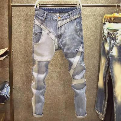 Men's Trendy Elastic Patchwork Jeans: Versatile, Cool Slim-Fit Pants with Multiple Pockets & Contrasting Colors.