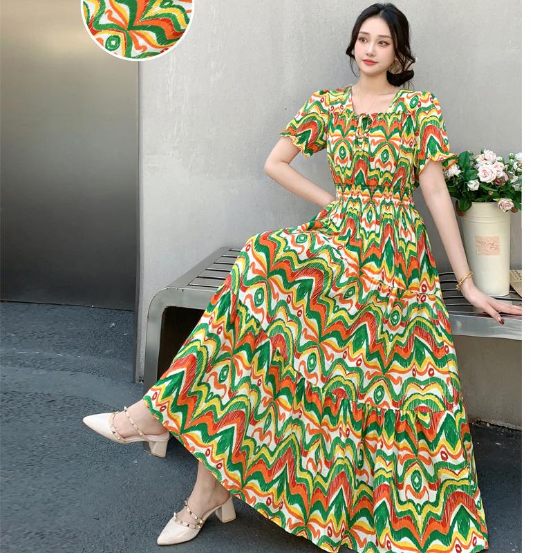 Summer Cotton Silk Floral Print Maxi Dress Bohemian Beachwear High Waist Young Women's Large Skirt Swing Dress
