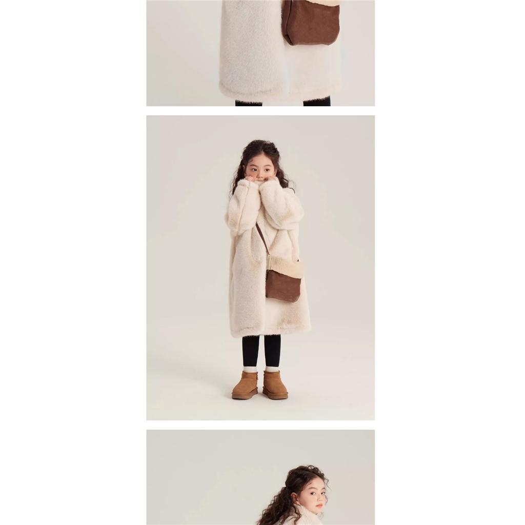 Girls Faux Fur Long Coat Stand Collar Plush Fleece Warm Thick Winter Kids Outerwear Full‑Zip Mid‑Length Fuzzy Overcoat For Little Girl