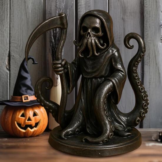 Halloween Liemannen Bläckfisk Staty Gotisk Svart Kåpa Skelett Figurin Högtidsfest Dekoration Skelett Prydnad med Bläckfisk Tentakler