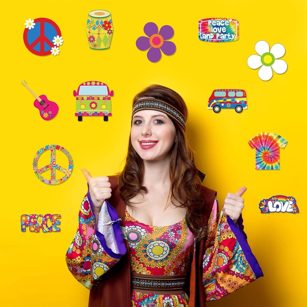 Junkin 60 Pieces 60's Hippie Groovy Party Tie Dye Birthday Party Decoration Cutouts Accents Hippy Retro Flower Peace Sign Cutouts 60's Vibe Wall