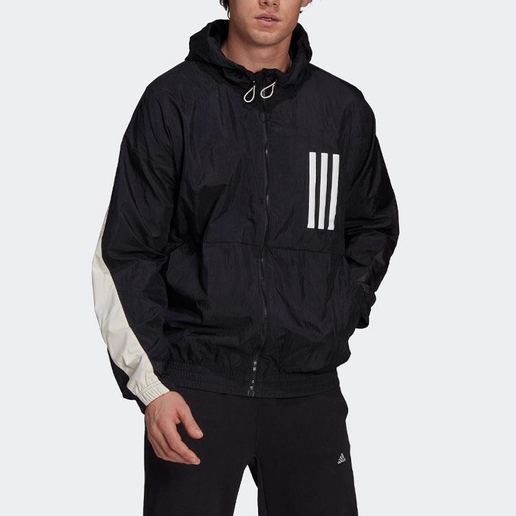 Men's adidas Wnd Mother Contrasting Colors Windproof Hooded Logo Jacket Black GT9769