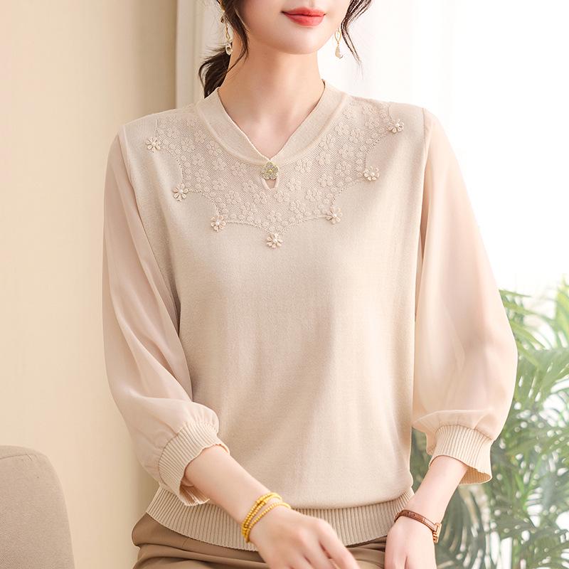 

Summer Chinese Style Knitwear: Seven-Sleeve Gauze Top for Middle-Aged & Elderly Women 3XL (suggested 120-135 jin)