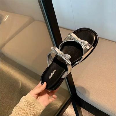 Fashion Summer Women Elegant Bow Square Toe Open Toe Low Heel Sandals Slip On Soft-soled Casual Simple Beach Slippers Sandalias Mujer