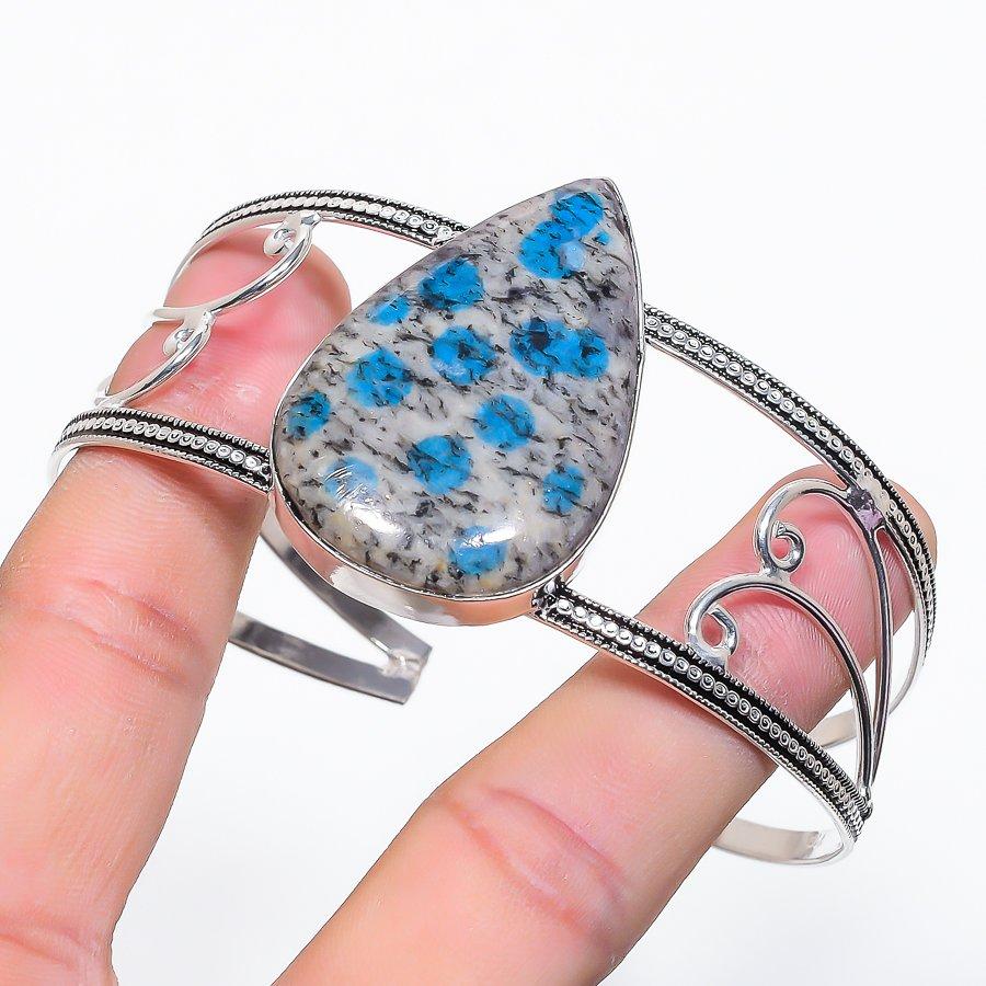 Natural K2 Blue Azurite Gemstone 925 Sterling Silver Cuff Bangle Adjustable J6s67