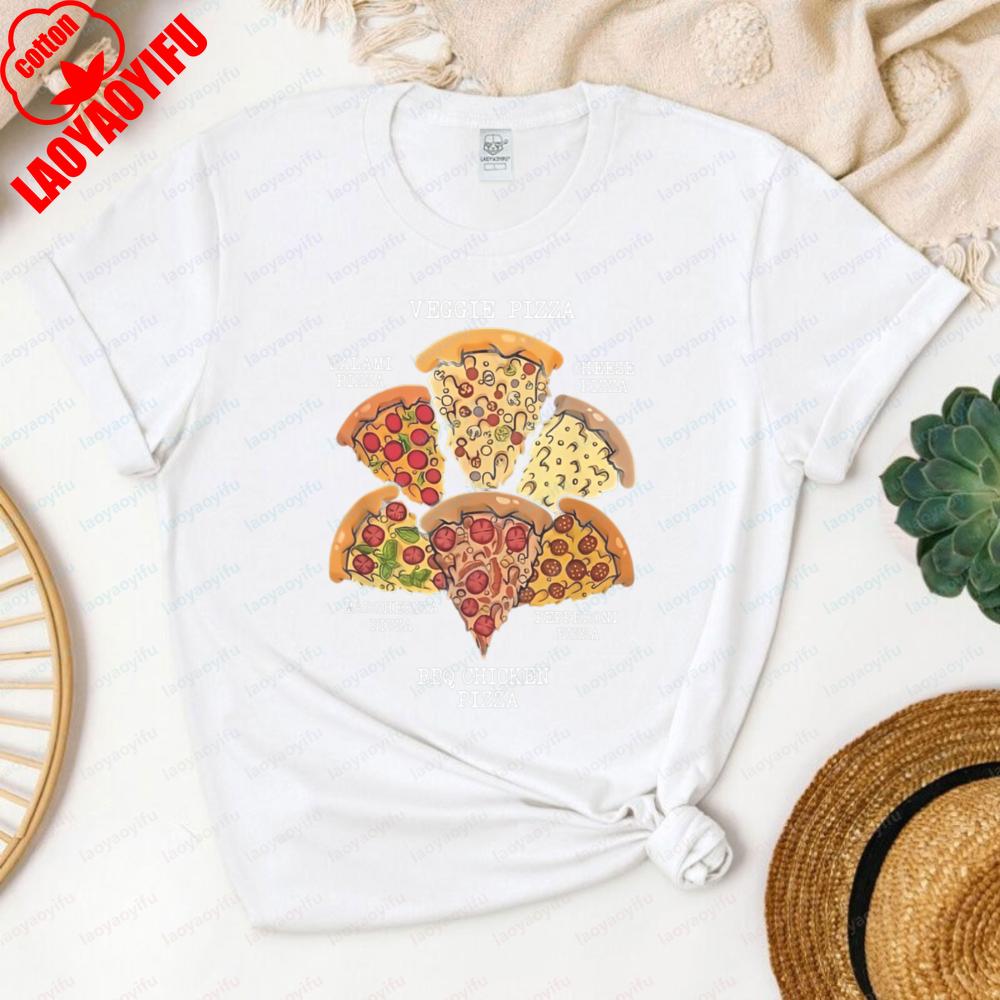 Funny Pizza Flavors Tshirt Six Pizza Types Graphic Casual Cotton Tee Daily Wear Pizza Lover Vintage Fashion Streetwear for Women