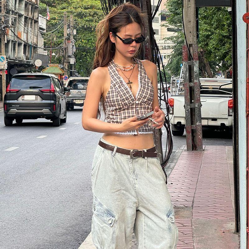 American Retro Style Bows Gingham Lace Halterneck Vest Female Autumn Sexy Elegant Silm Slim Looking Midriff-Baring Top