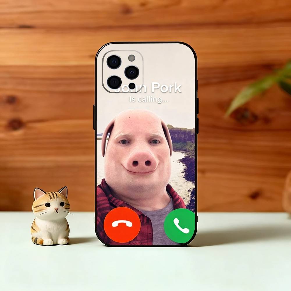 Funny J-John Pork is Calling Phone Case For iPhone 17,16,15,14,13,12,11 Plus,Pro Max,XS,Soft Silicone Black Cover