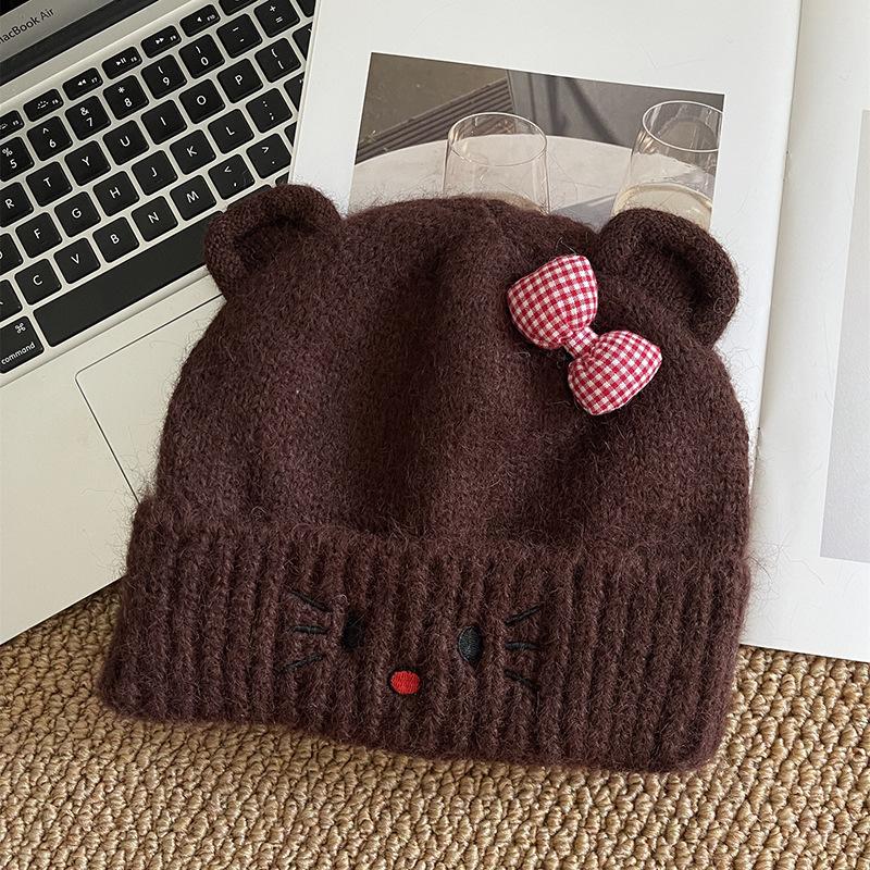 Cute kitten embroidered wool hat women's autumn and winter thickened warm knitted hat ear protector headgear