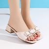 2025 medium heel rhinestone non-slip slippers for women's summer wear new fashionable and versatile student thick heel one-word drag beach