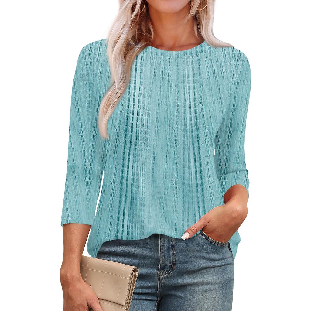 Omen's Fashionable Round Neck 3/4 Sleeve Printed Casual Basic Pleated Pullover T-shirt Top