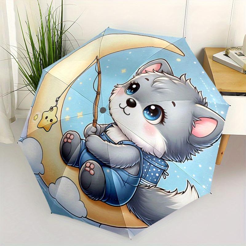 

1pc Little Wolf Fishing for Stars Automatic Opening and Closing Umbrella, Lightweight 3-Fold, With Cute Cartoon Characters, Suitable for Home, Outdoor