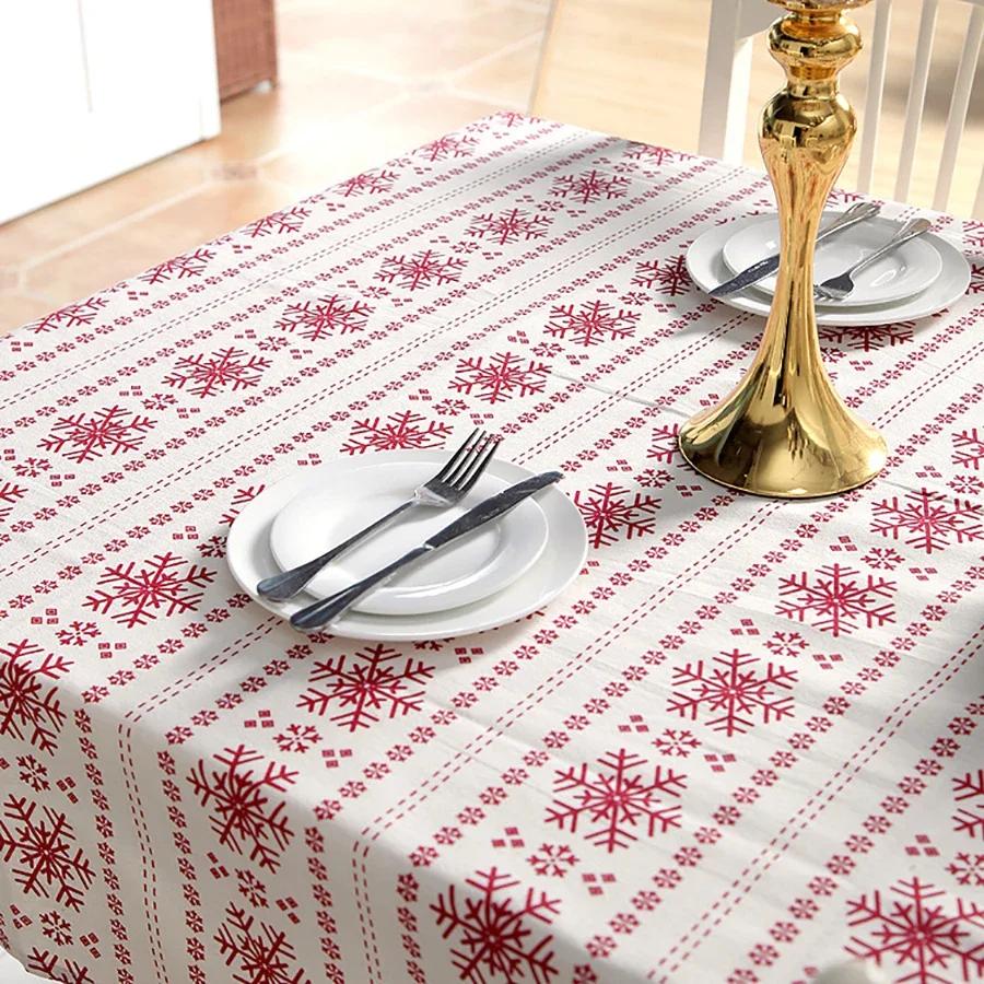 Red Snowflakes Christmas Table Cloth Customizable Linen Cotton Tablecloth for Wedding Banquet Party Kitchen Washable Table Cove