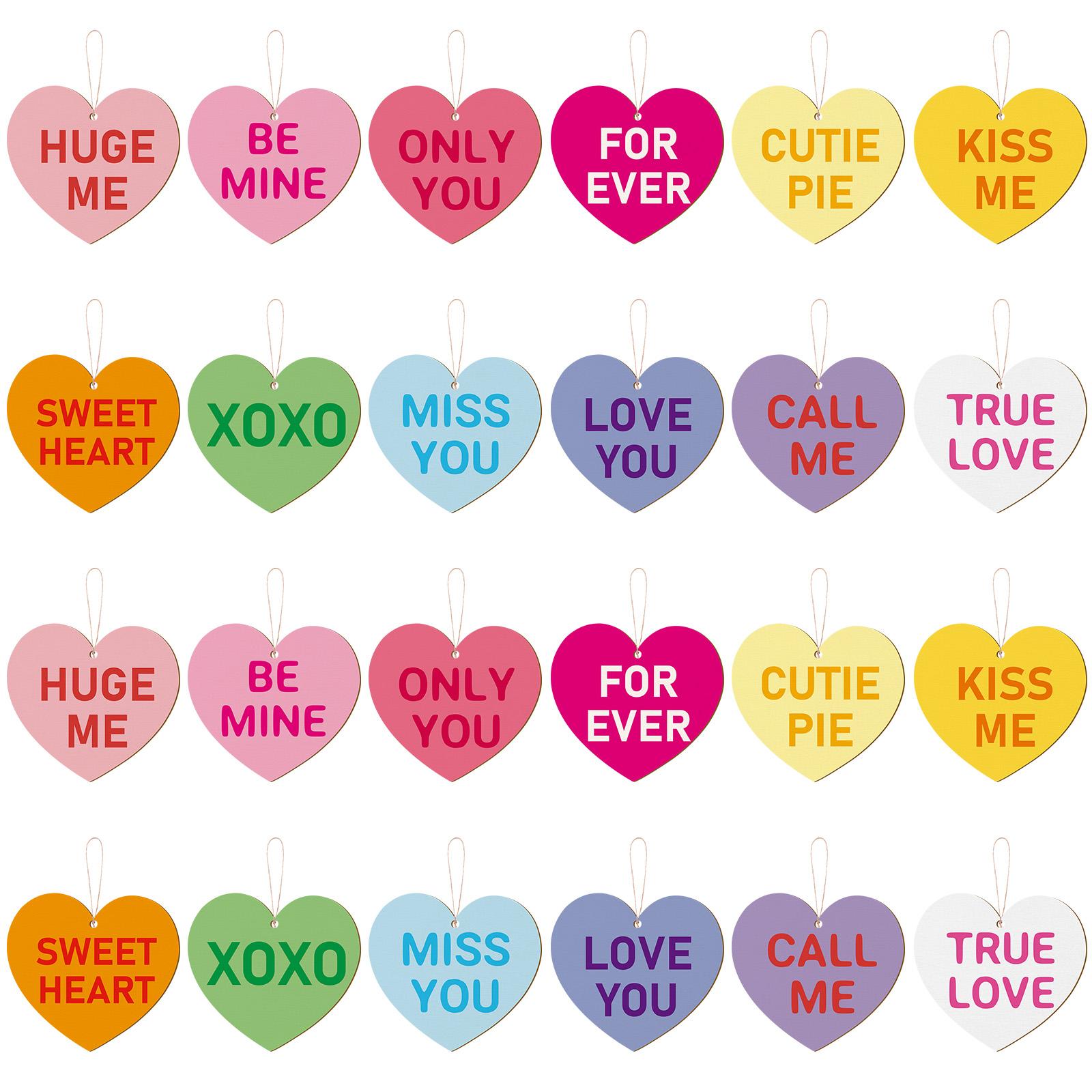 

24Pcs Wooden Candy Heart Hanging Ornaments Valentine S Day Candy Heart Wooden Decor With Hemp Rope For Happy Valentine Party Tre синий