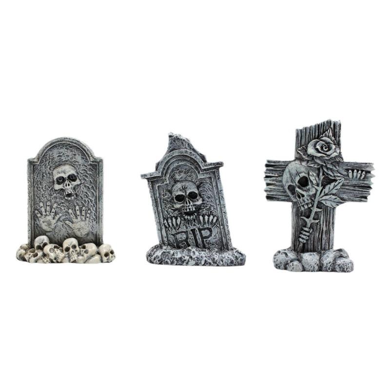 Skeleton Tombstone Ornament Set, Creative Halloween Horror Home Garden Resin Micro-landscape Decoration