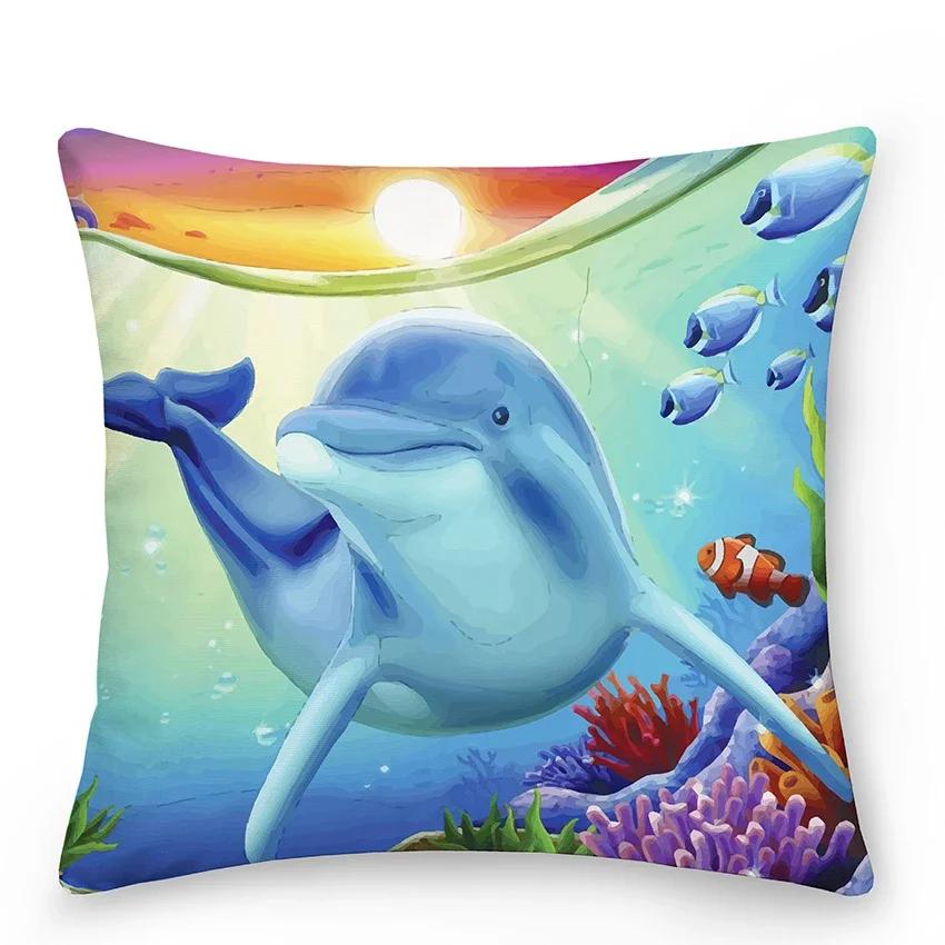 Home Decor Bedroom Car Cushion Cover Blue Dolphin Print Pillow  Mermaid    Sofa