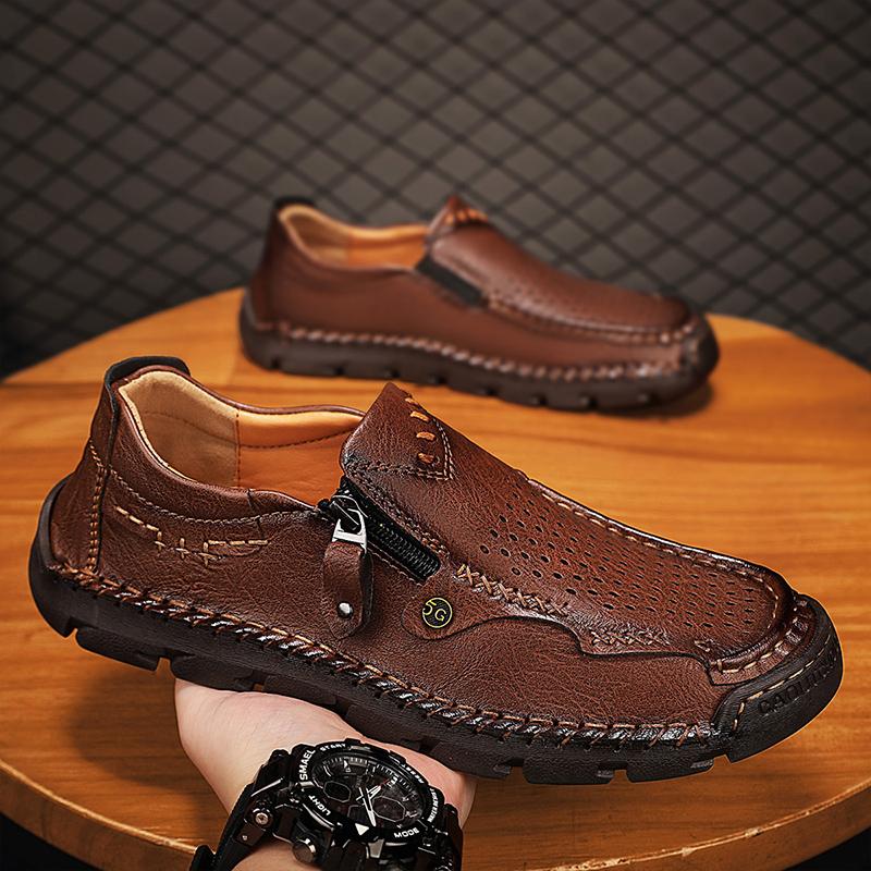 Fashion Handmade Leather Men Shoes Vintage Zipper Design Sneakers Hollow Out Breathable Comfy Casual Leather Mens Outdoor Walking Shoes