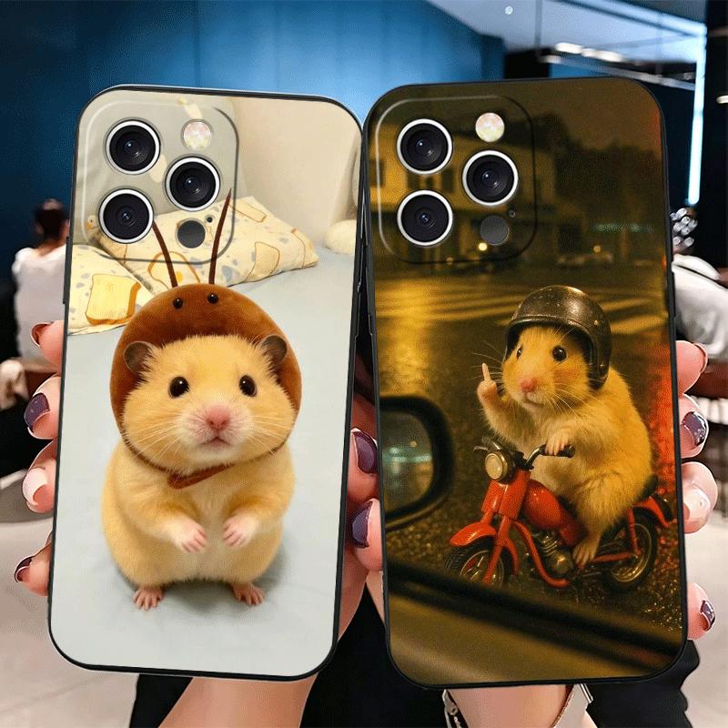 Funny Cute Pet Hamster Soft Phone Case for iPhone 16 16E 17 Air 15 Pro Max 14 Plus 13 Mini 11 12 7 Black Cover Back Shell
