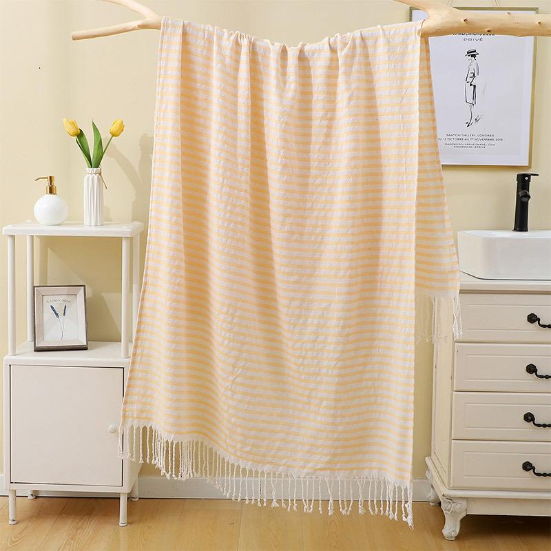 European American Style Printed Cotton Striped Turkish Beach Towel 100x180cm Tassel Fringe Summer Eco-Friendly Sand Free Wrap 100*180cm&300 - 499 GSM светло-желтого