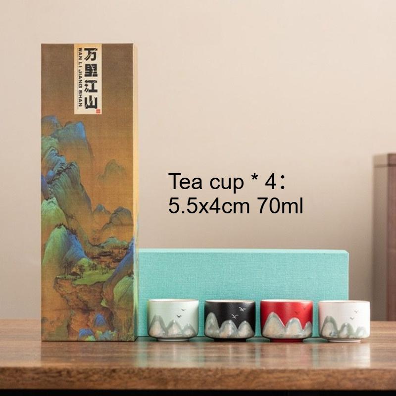 4pcs Gift Tea Cup Set Household Tea Cup Chinese Landscape Tea Cup Ceramic Underglaze Colored Drinking Utensils with Gift Box 70ml
