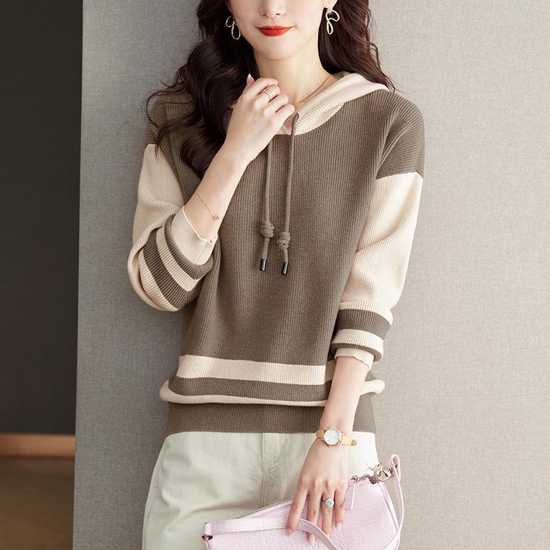 Autumn Winter Fashion Patchwork Long Sleeve Hoodies Pullovers Women's Knitting Blocking Trend Chic All-match Tops