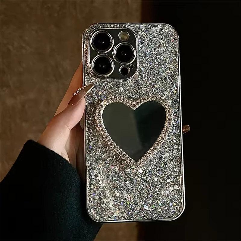 Luksusowe etui z błyszczącym brokatem 3D Love Heart Mirror Sequins na iPhone'a 16 14 15 13 12 Pro Max 11 INS Lens Protection Cover