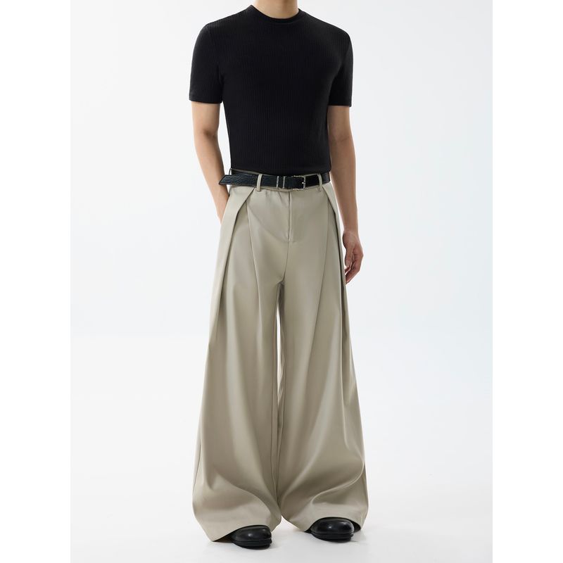 Blaexit Retro Vintage Style Cleanfit Gray A-Line Dress Pants Men's Pleated Casual Loose Wide-Leg Scimitar Pants