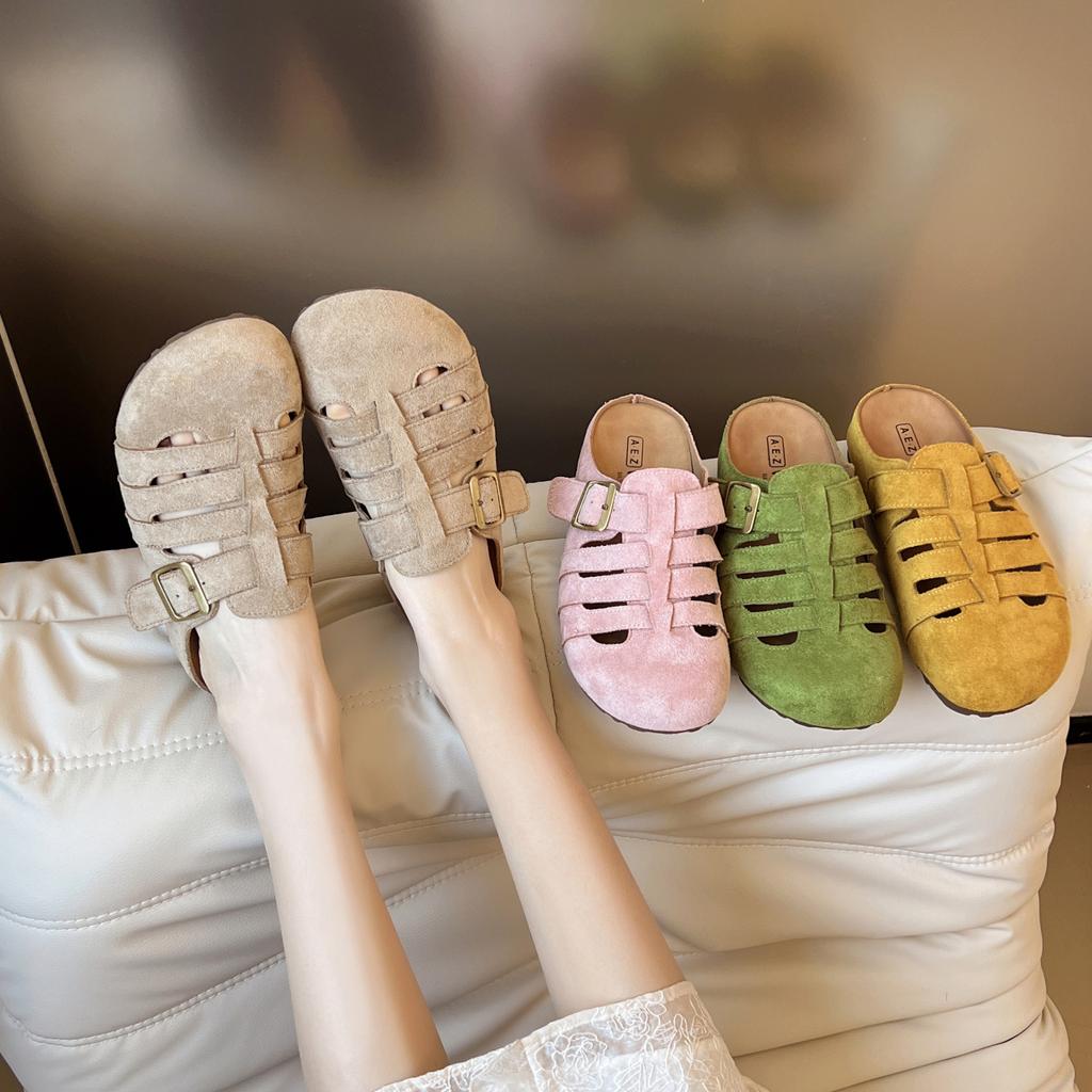 2025 height increase outer wear Roman style women's shoes summer hollow breathable bag head soft sole semi-drag cool slippers Birken slippers
