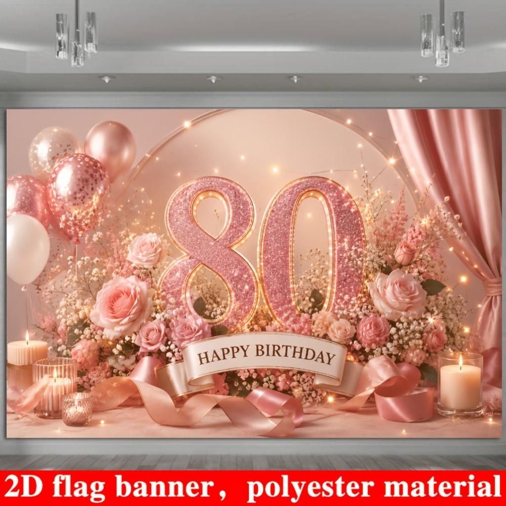 80th Birthday Party Banner Backdrop Rose Pink Polyester Photo Wall Decor